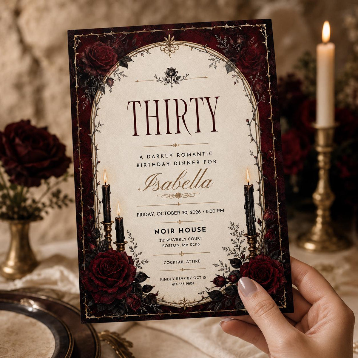 Red Rose Gothic Thirty Birthday Invitation — invitation you personalize in Canva