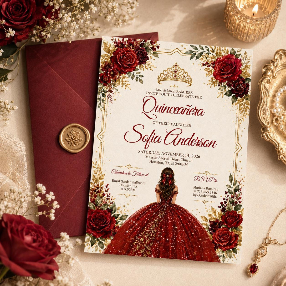 Red Rose Quinceañera Invitation with Ballgown Illustration — quinceañera stationery by VoltBy