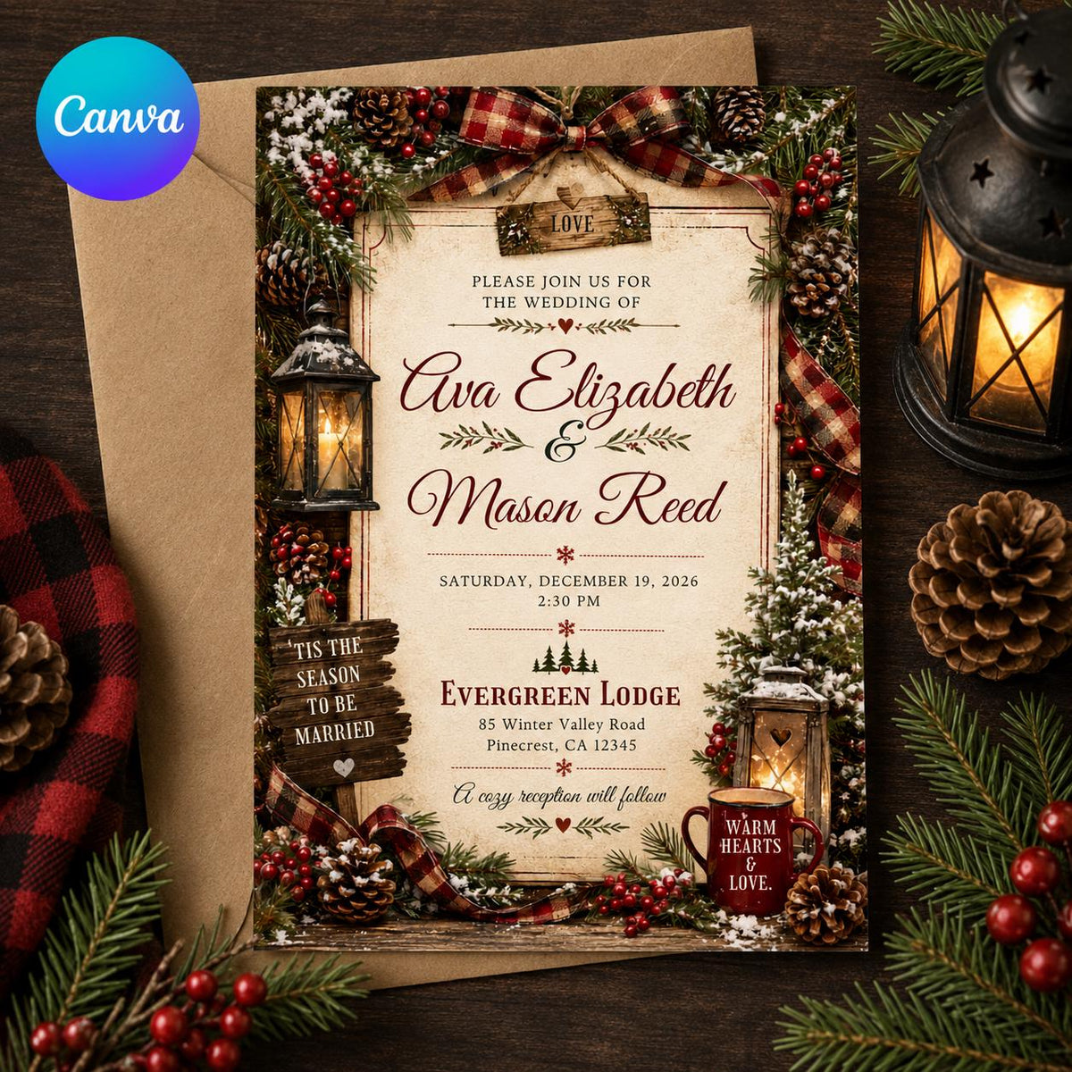 Red Rustic Christmas Wedding Invitation — editable Canva template