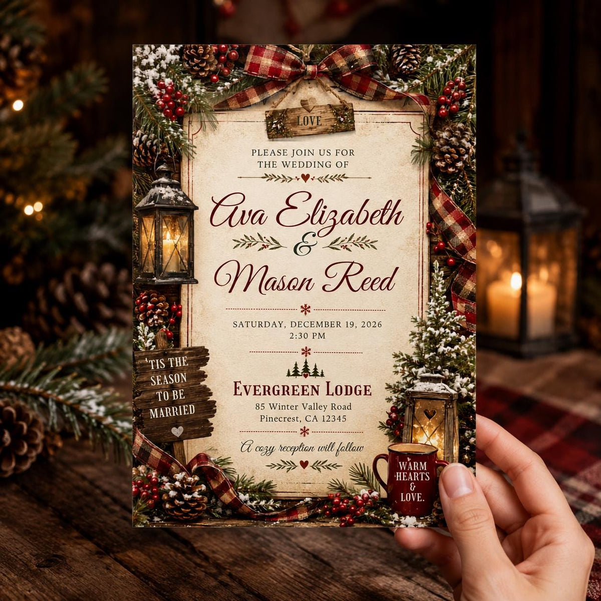 Red Rustic Christmas Wedding Invitation — invitation you personalize in Canva