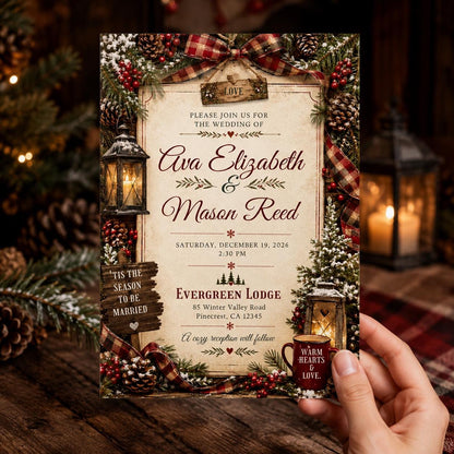 Red Rustic Christmas Wedding Invitation — invitation you personalize in Canva