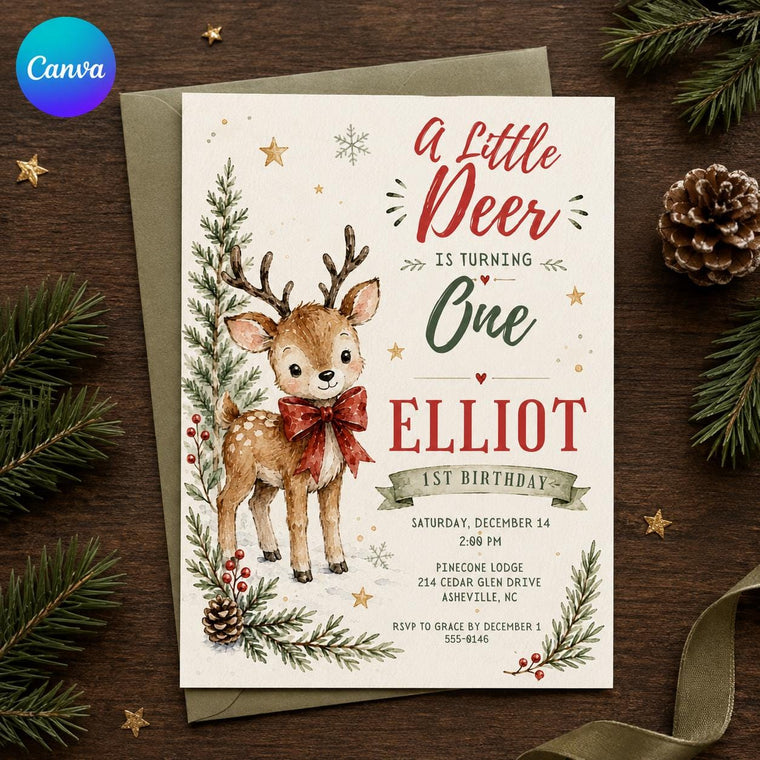Red Rustic Little Deer First Birthday Invitation