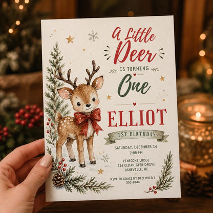 Red Rustic Little Deer First Birthday Invitation — invitation you personalize in Canva