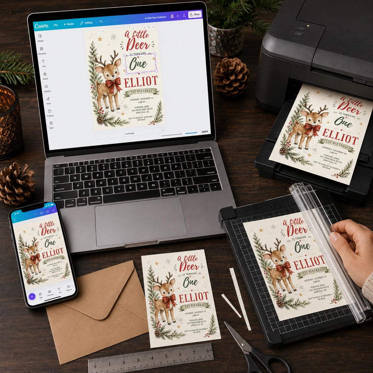 Red Rustic Little Deer First Birthday Invitation — print-ready first birthday design from VoltBy