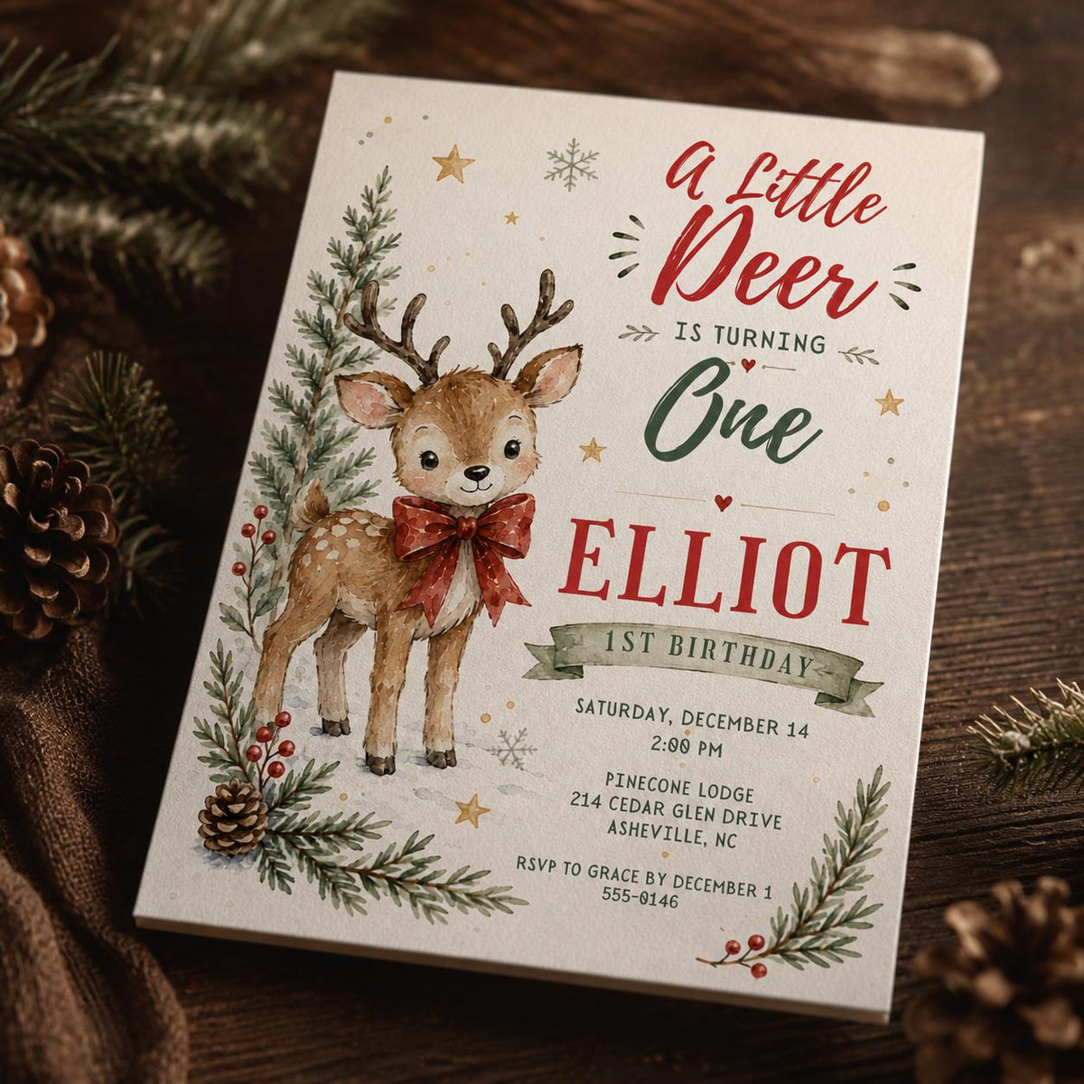 Red Rustic Little Deer First Birthday Invitation — digital invitation, instant download