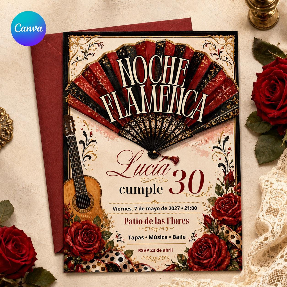 Red Spanish Flamenco 30th Birthday Invitation — editable Canva template