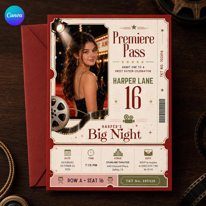Red Sweet 16 Movie Ticket Invitation — editable Canva template