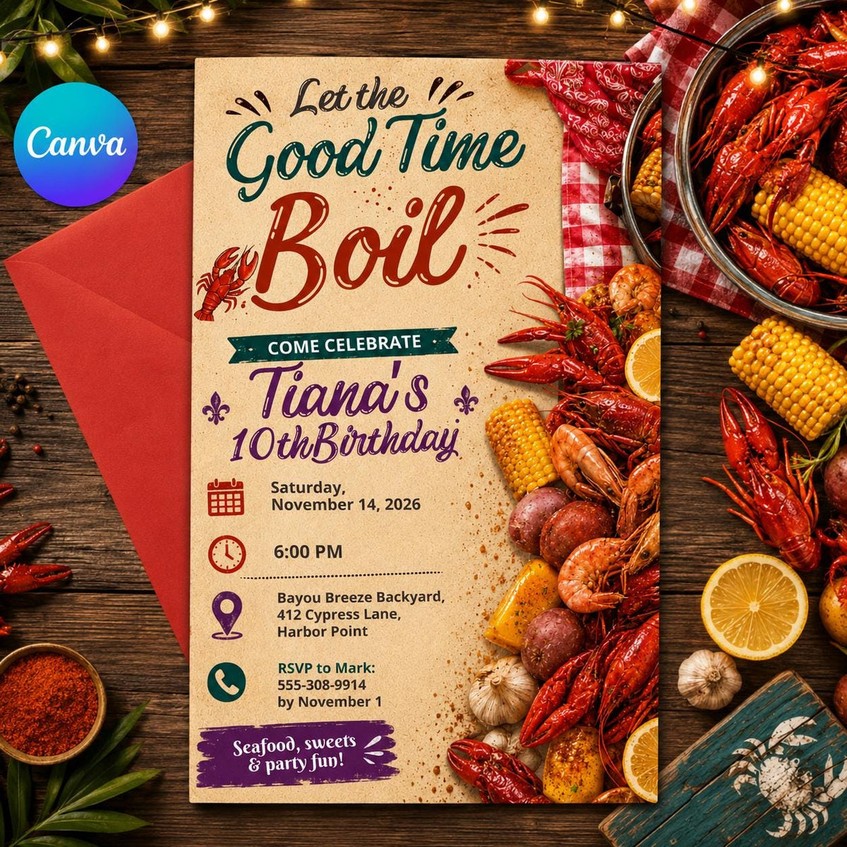 Red Watercolor Seafood Birthday Invitation — editable Canva template