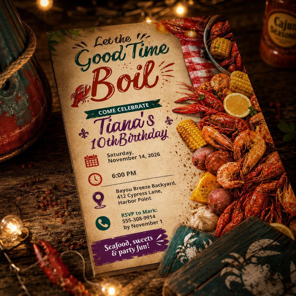 Red Watercolor Seafood Birthday Invitation — crab and crawfish design