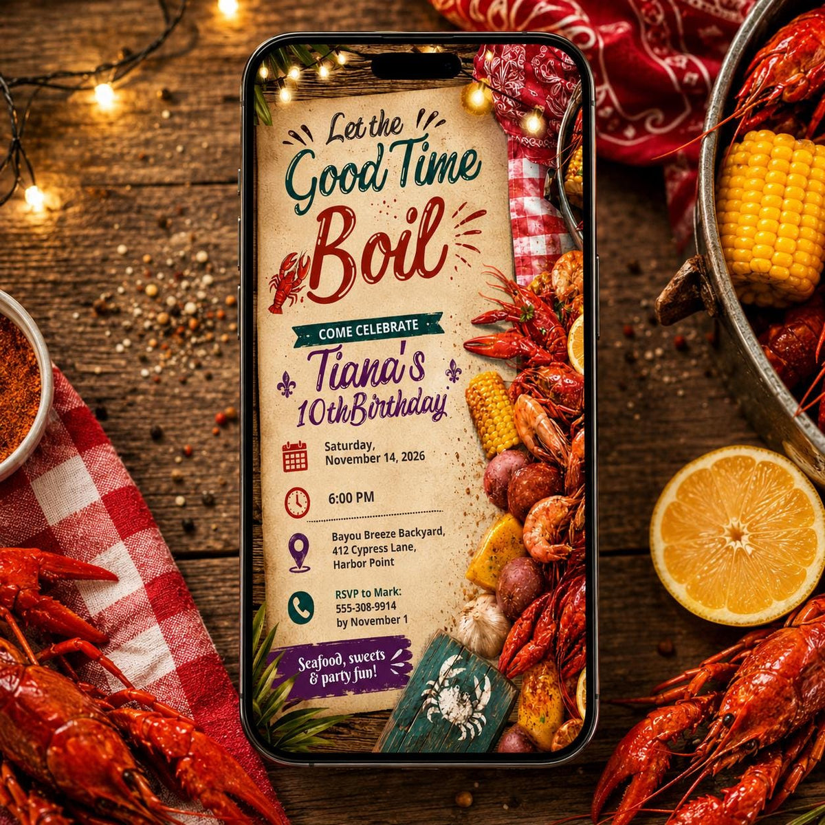 Red Watercolor Seafood Birthday Invitation — digital invitation, instant download