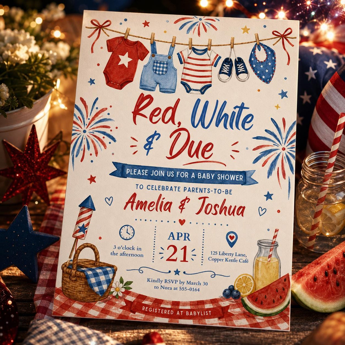 Red White and Due Baby Shower Invitation with Clothesline — clothes patriotic design