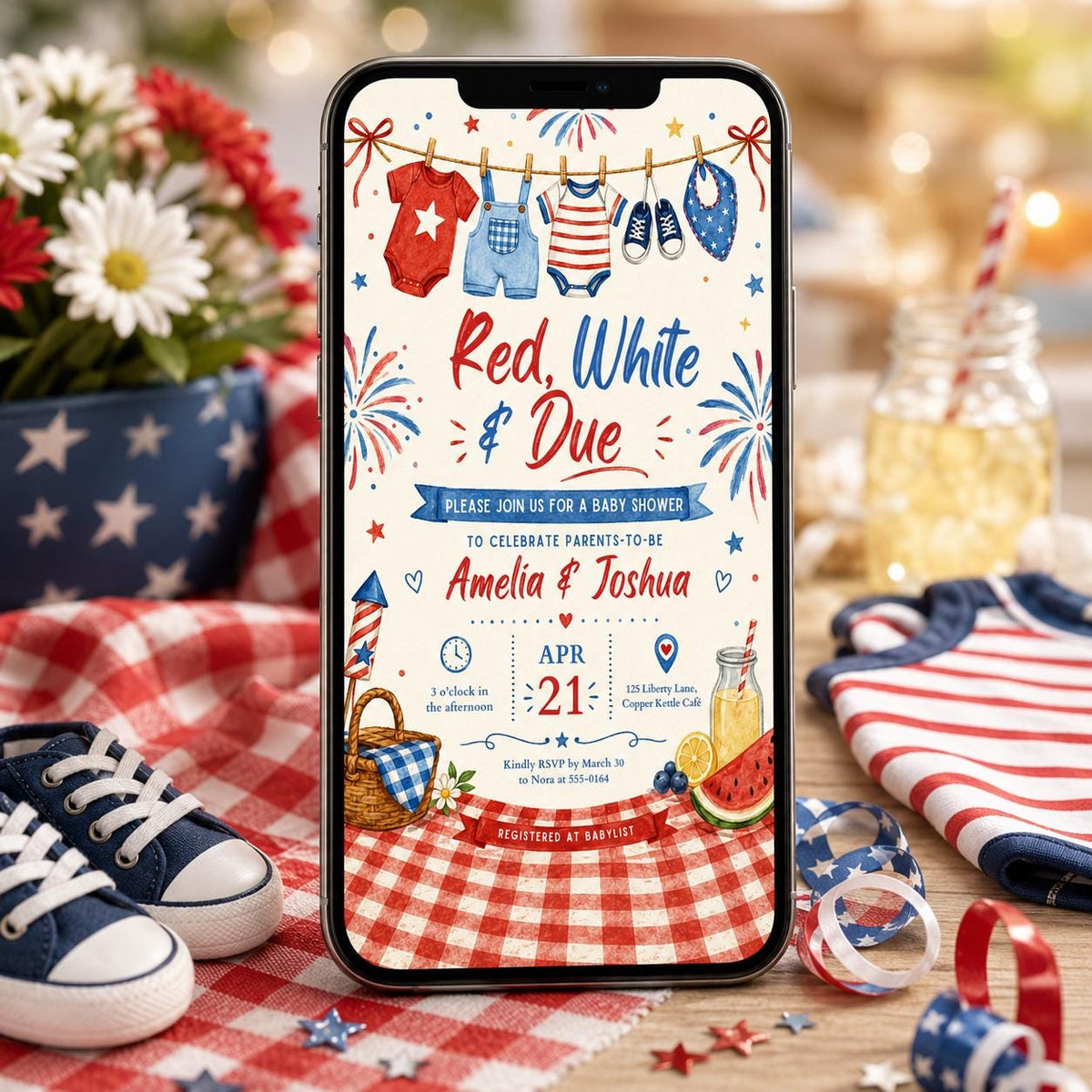 Red White and Due Baby Shower Invitation with Clothesline — invitation you personalize in Canva