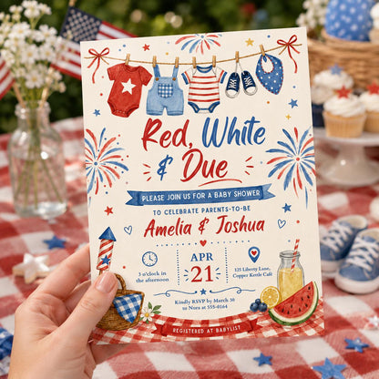 Red White and Due Baby Shower Invitation with Clothesline — clothes patriotic artwork in blue