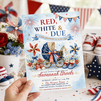 Red White and Due Baby Shower Invitation with Pram — print-ready baby shower design from VoltBy