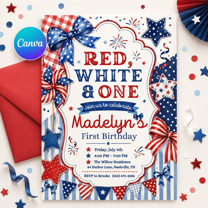 Red White and One Birthday Invitation — editable Canva template