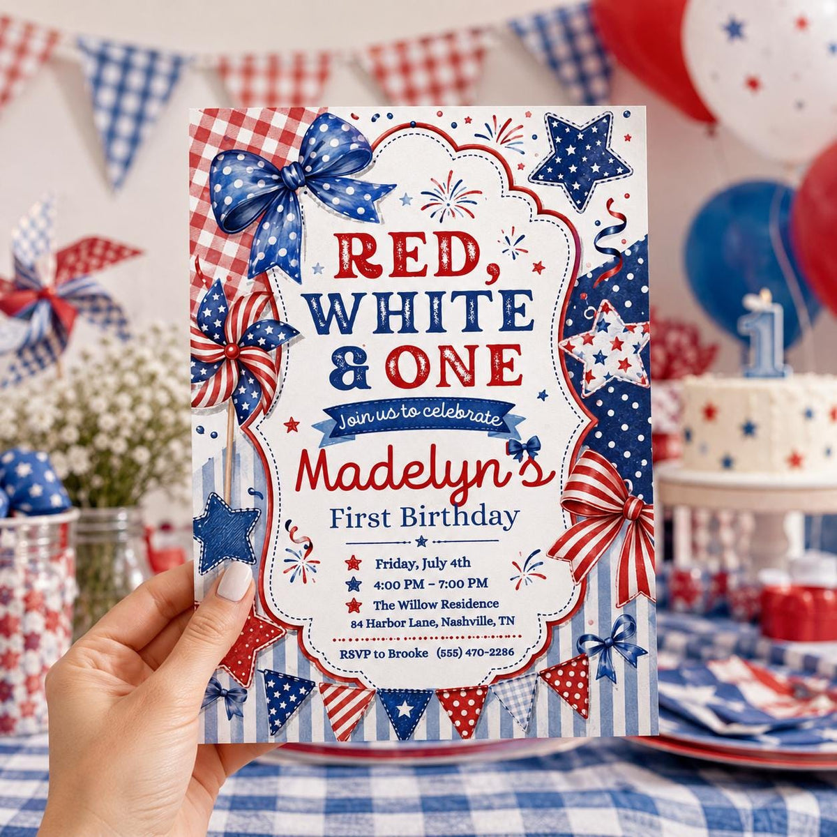 Red White and One Birthday Invitation — invitation you personalize in Canva