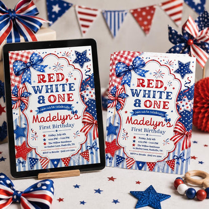 Red White and One Birthday Invitation — print-ready first birthday design from VoltBy