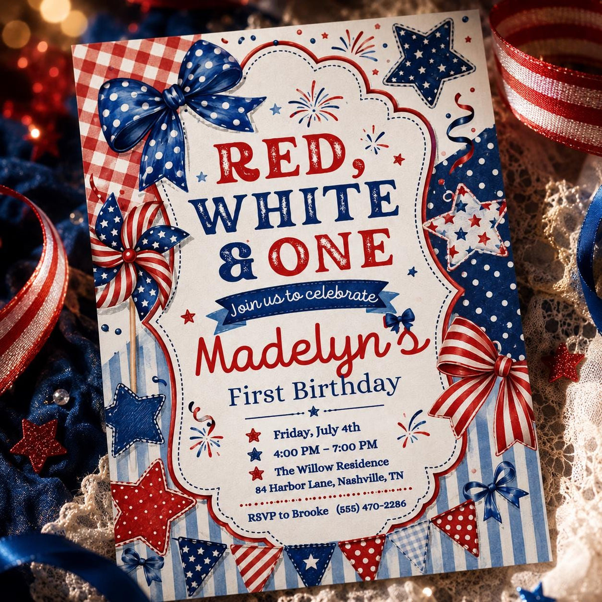 Red White and One Birthday Invitation — digital invitation, instant download