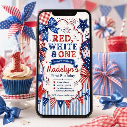 Red White and One Birthday Invitation — first birthday stationery by VoltBy