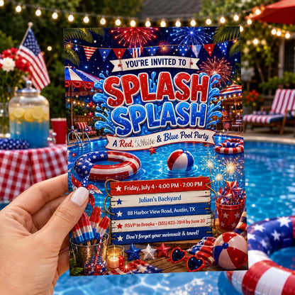 Red White Blue Pool Party Invitation — invitation you personalize in Canva