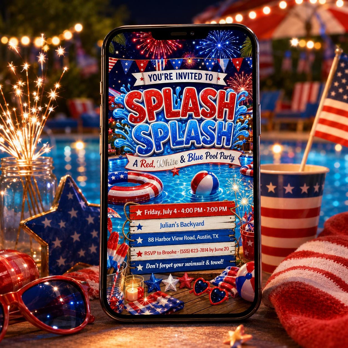 Red White Blue Pool Party Invitation — print-ready 4th birthday party design from VoltBy