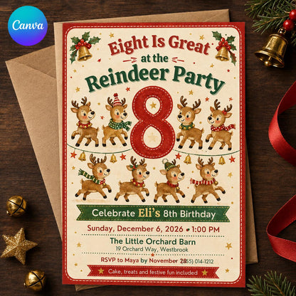 Reindeer Christmas 8th Birthday Invitation — editable Canva template