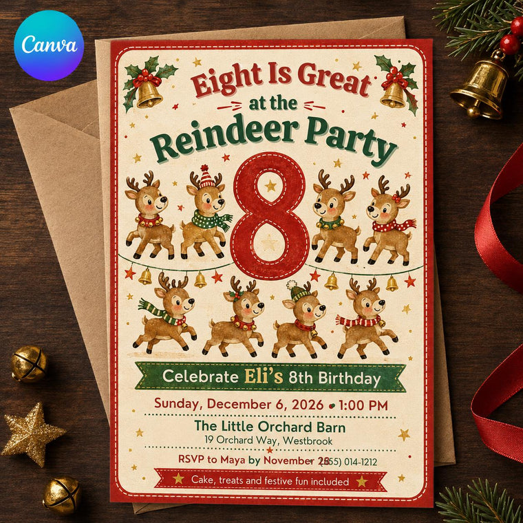 Reindeer Christmas 8th Birthday Invitation