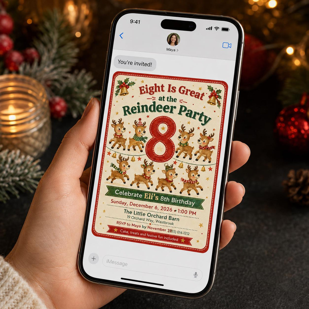 Reindeer Christmas 8th Birthday Invitation — invitation you personalize in Canva