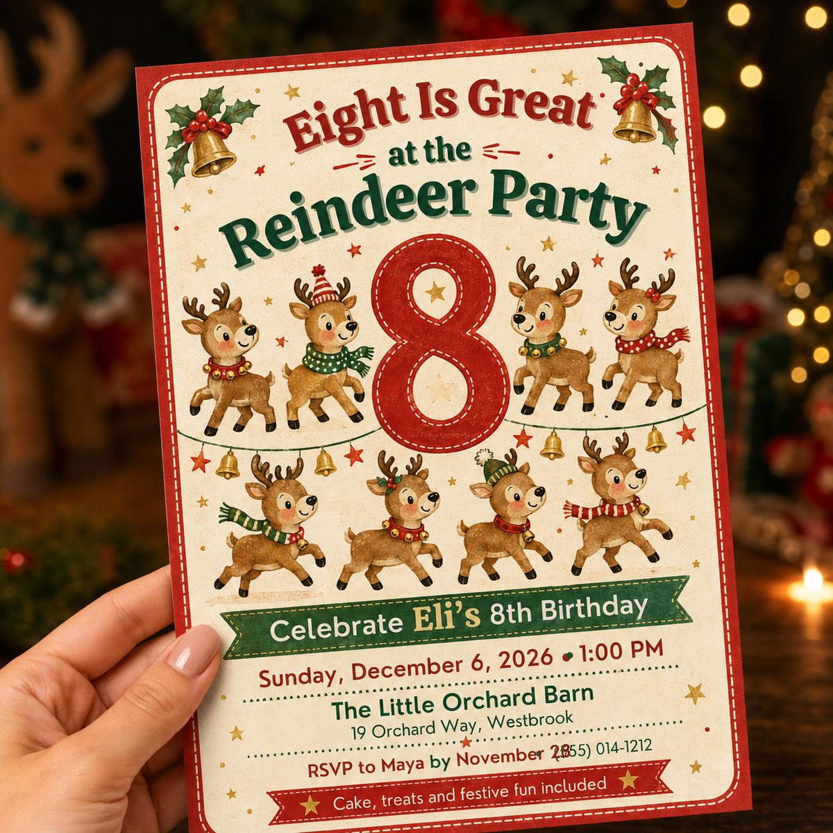Reindeer Christmas 8th Birthday Invitation — print-ready 8th birthday party design from VoltBy