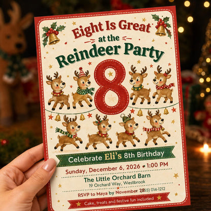 Reindeer Christmas 8th Birthday Invitation — print-ready 8th birthday party design from VoltBy