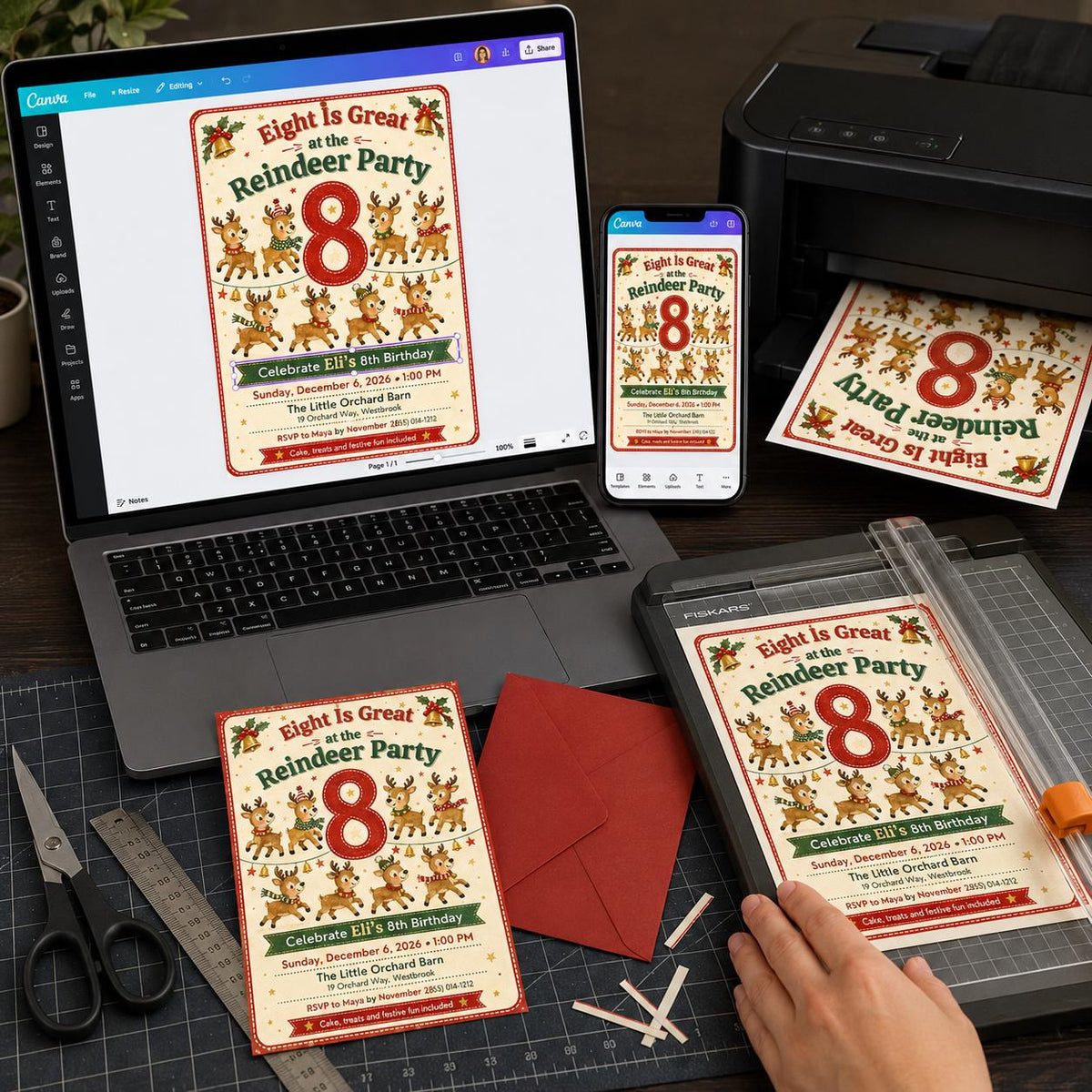 Reindeer Christmas 8th Birthday Invitation — digital invitation, instant download