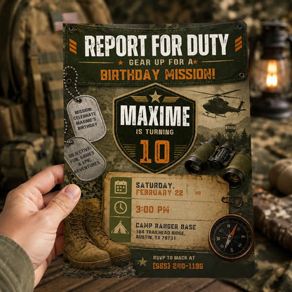 Report for Duty Army 10th Birthday Invitation in brown and green