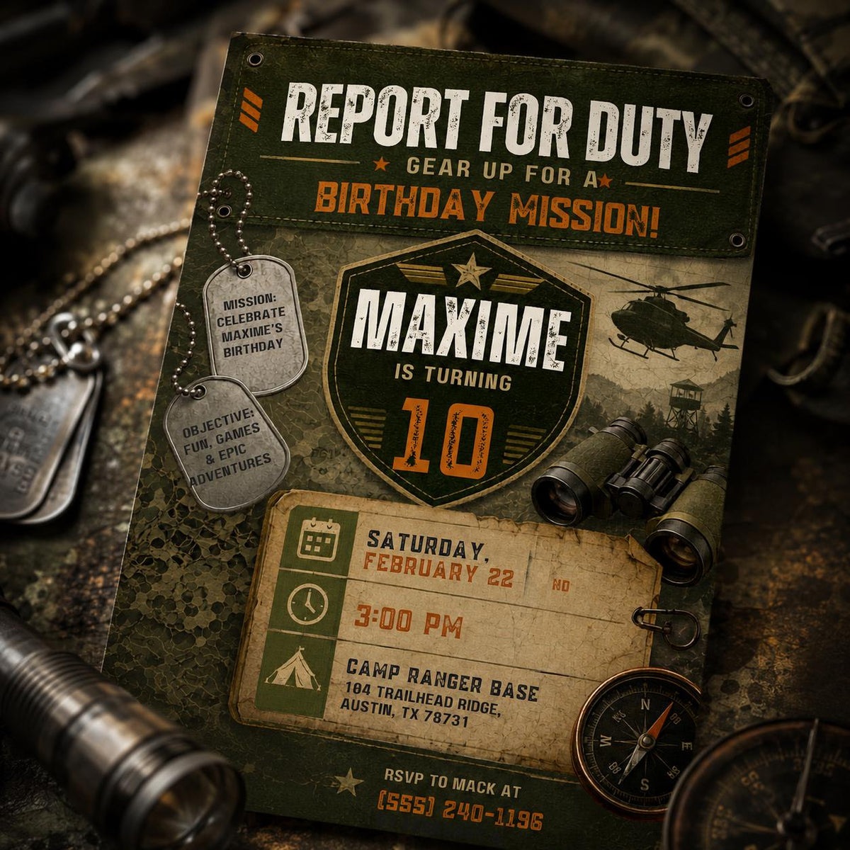 Report for Duty Army 10th Birthday Invitation — puppy design