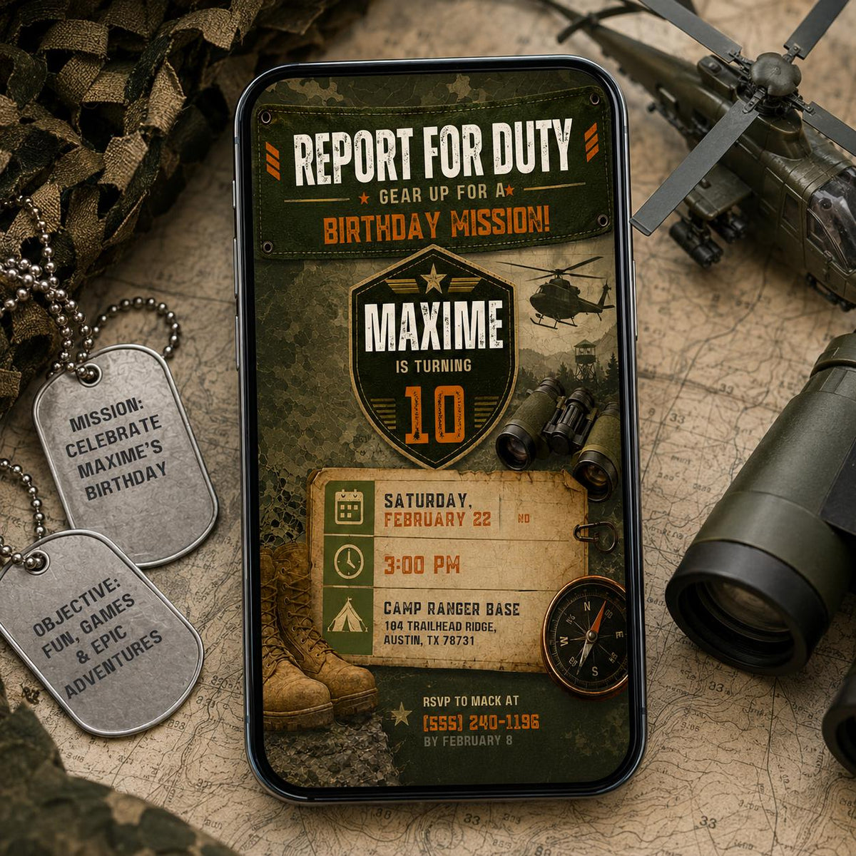 Report for Duty Army 10th Birthday Invitation — invitation you personalize in Canva