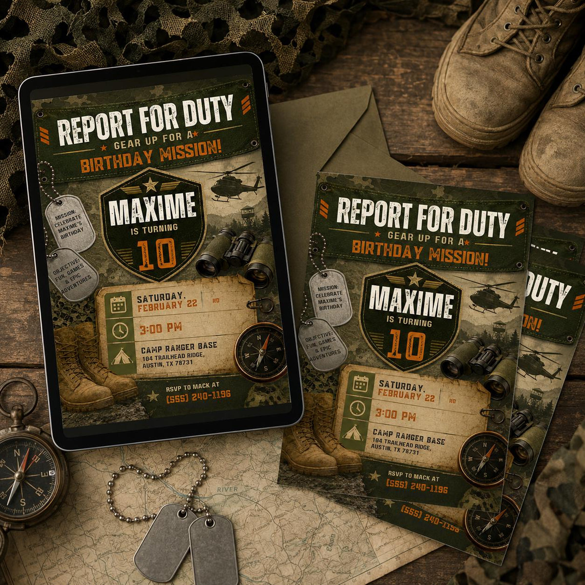 Report for Duty Army 10th Birthday Invitation — puppy artwork in brown and green
