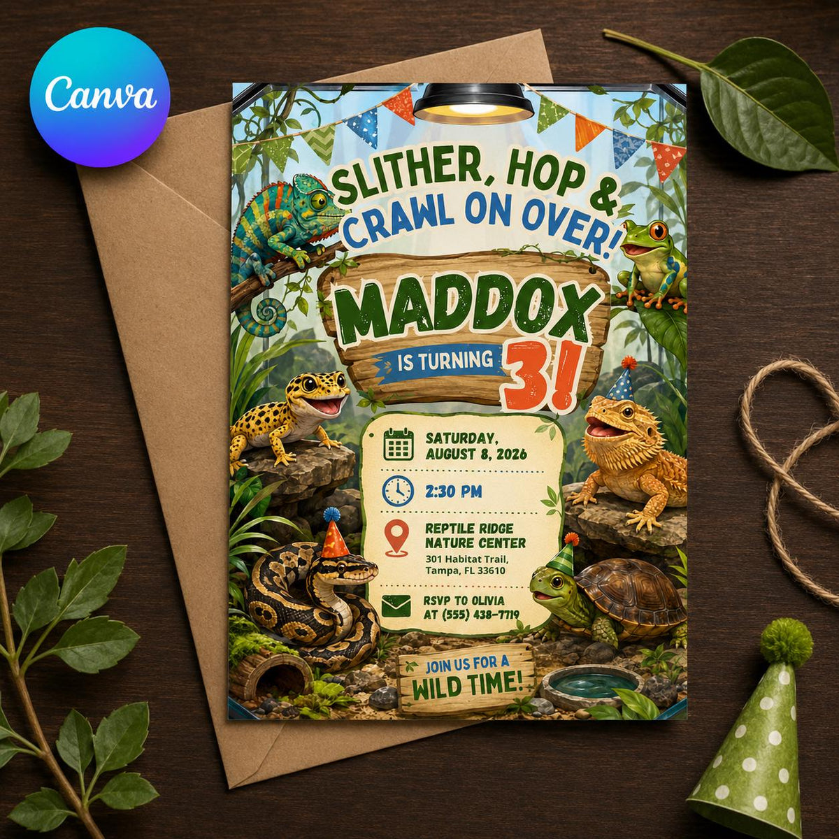 Reptile 3rd Birthday Invitation — editable Canva template