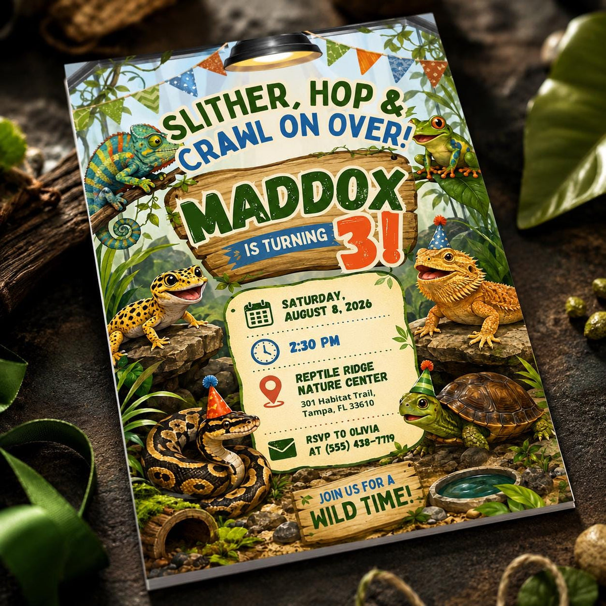 Reptile 3rd Birthday Invitation — digital invitation, instant download