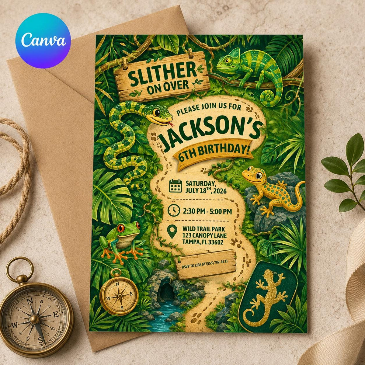 Reptile 6th Birthday Invitation — editable Canva template