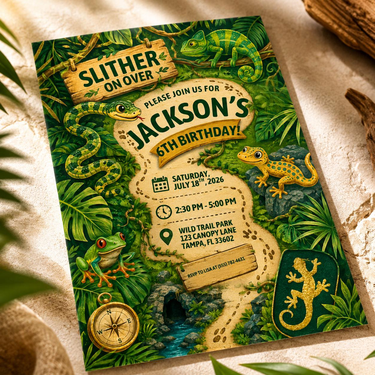 Reptile 6th Birthday Invitation — print-ready 6th birthday party design from VoltBy