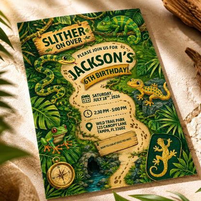 Reptile 6th Birthday Invitation — print-ready 6th birthday party design from VoltBy