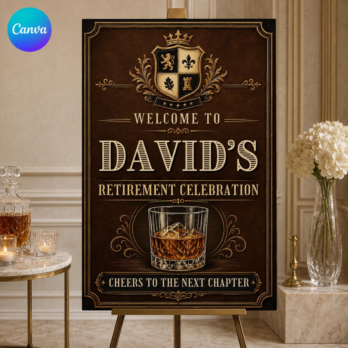 Retirement Welcome Sign for Him — editable Canva template