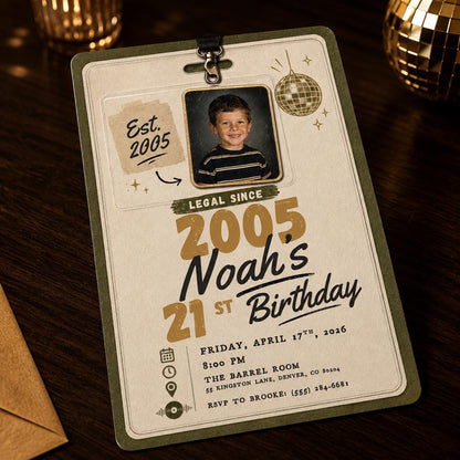 Retro 21st Birthday Photo Invitation — print-ready 21st birthday party design from VoltBy