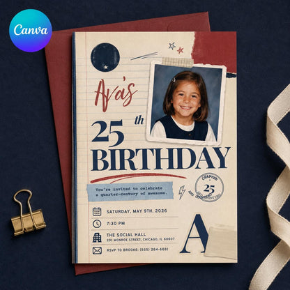 Retro 25th Birthday Photo Invitation — editable Canva template