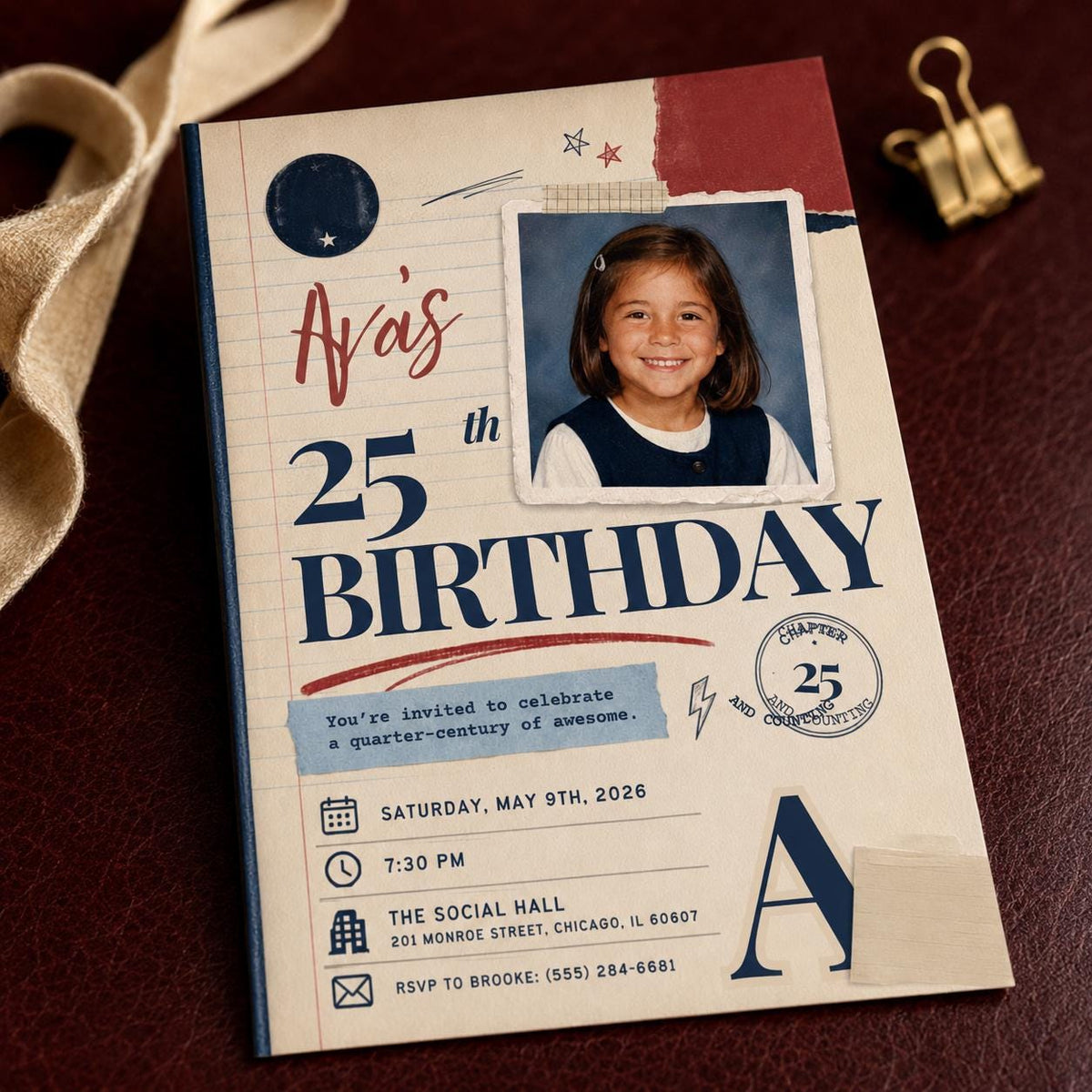 Retro 25th Birthday Photo Invitation — print-ready 25th birthday party design from VoltBy