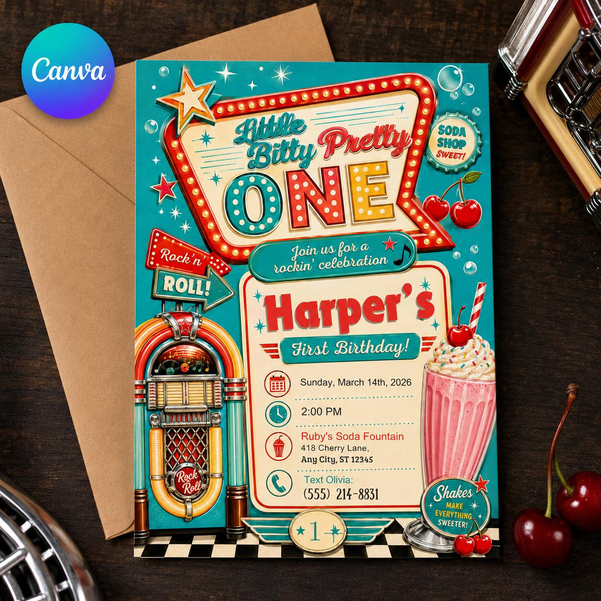 Retro 50s Diner First Birthday Invitation — editable Canva template