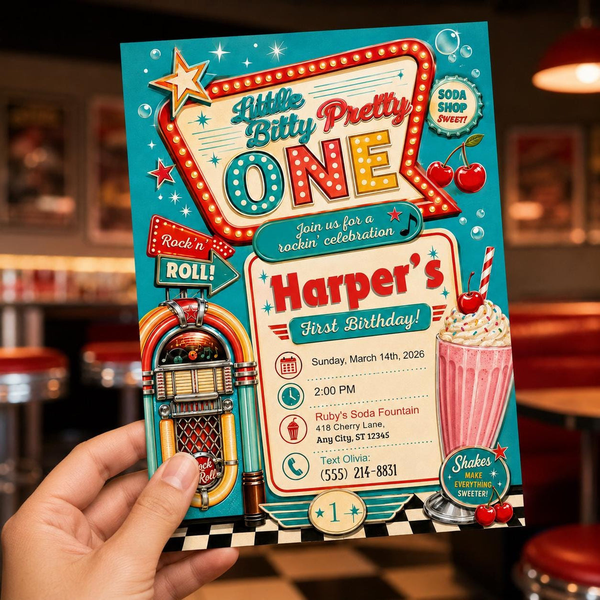 Retro 50s Diner First Birthday Invitation — invitation you personalize in Canva