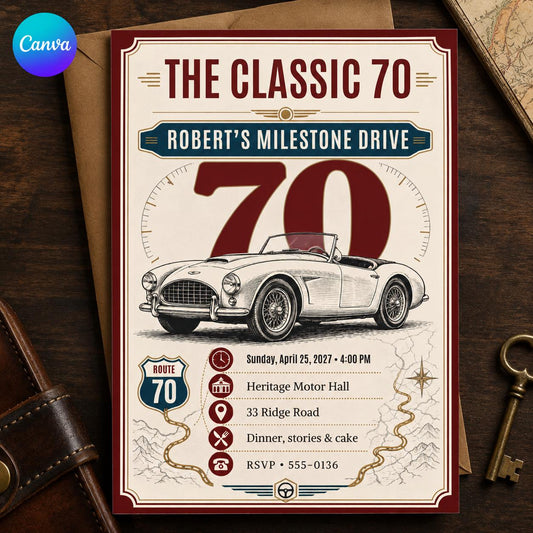 Retro 70th Birthday Invitation — editable Canva template