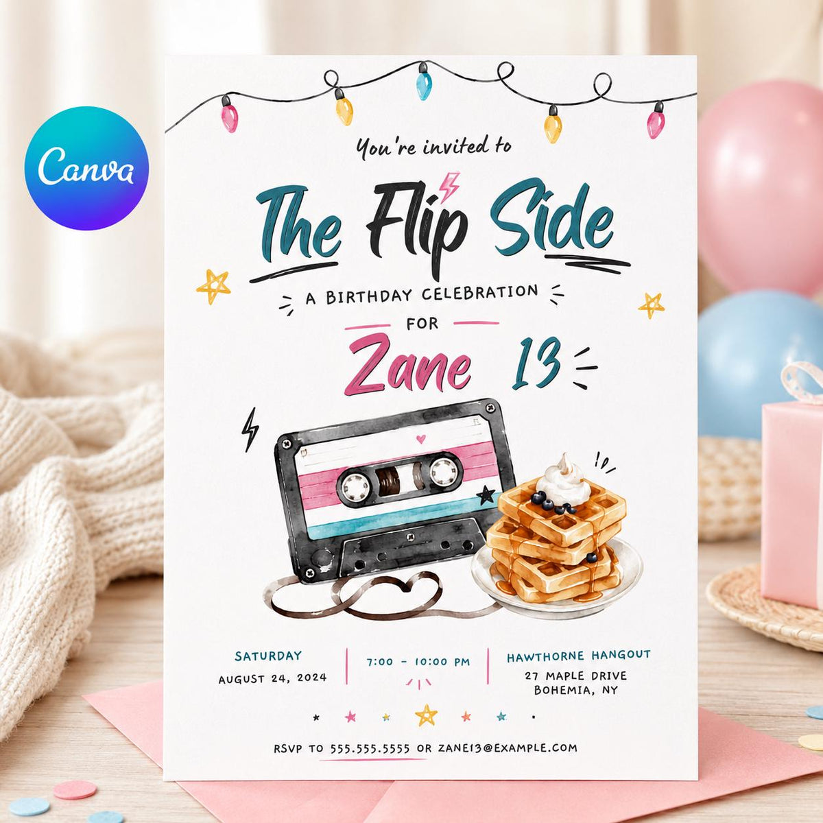 Retro 80s Birthday Invitation — editable Canva template
