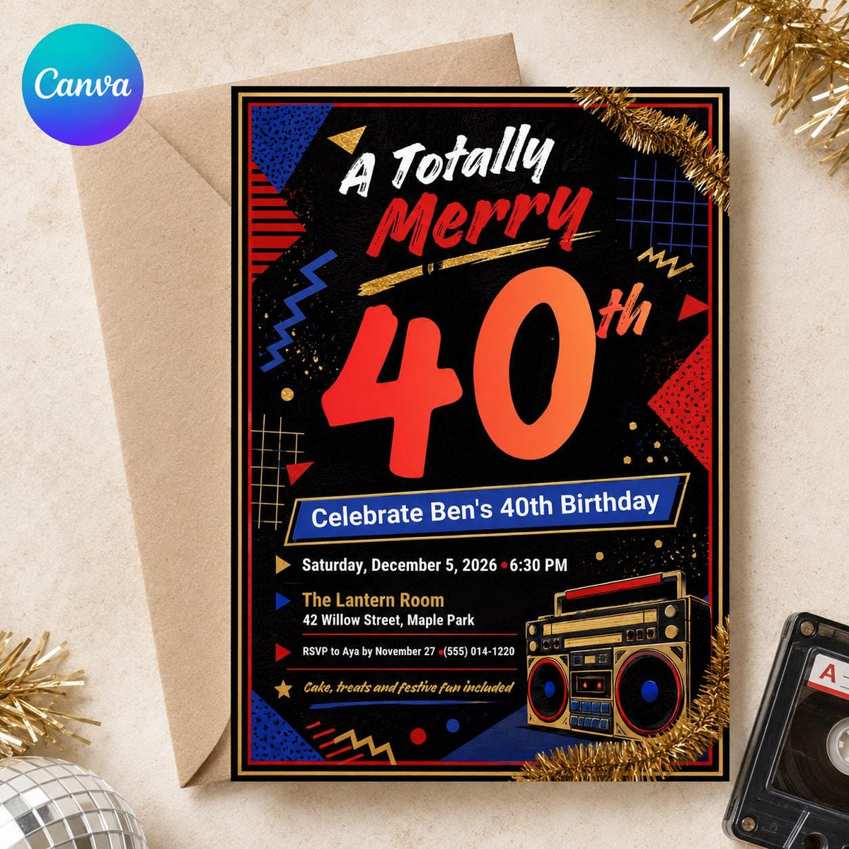 Retro 80s 40th Birthday Invitation — editable Canva template