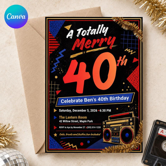 Retro 80s 40th Birthday Invitation — editable Canva template
